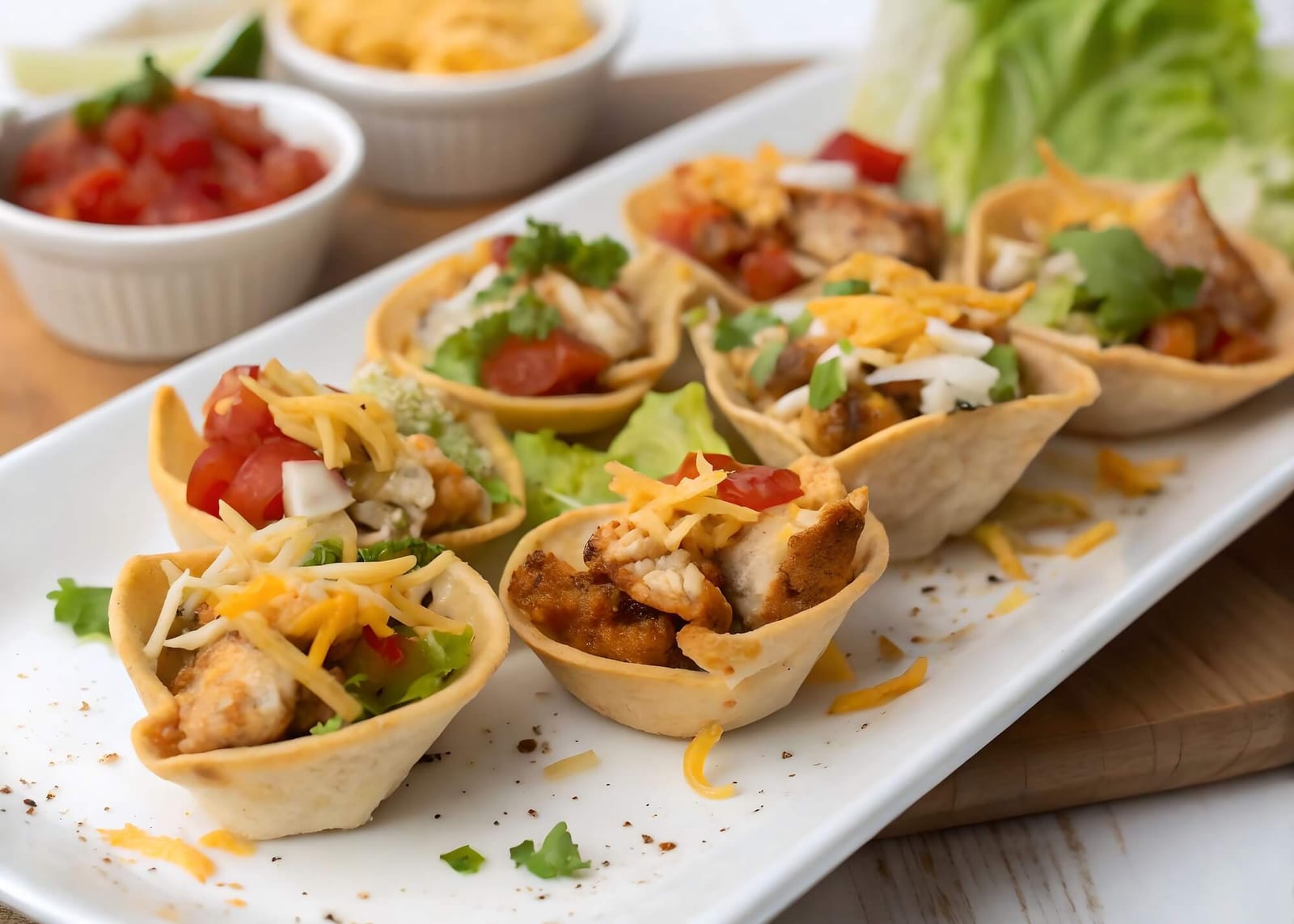A white plate topped with taco cups filled with chicken, lettuce, tomatoes, and cheese, accompanied by a bowl of salsa. The plate is placed on a wooden surface, and the background is slightly blurred dinner ideas picky eater