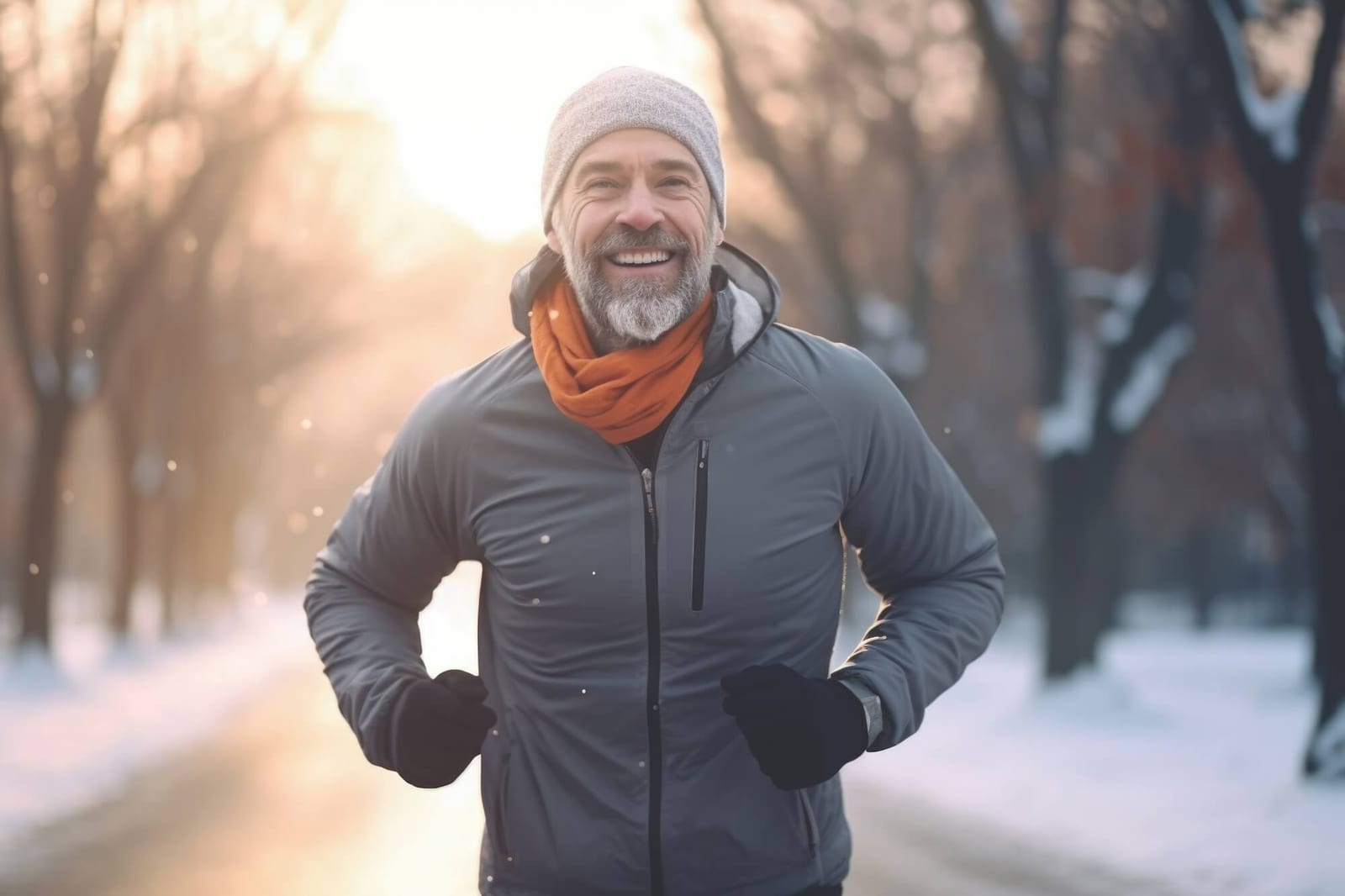 A man running in the snow in a park. Suitable for winter sports and outdoor activities.