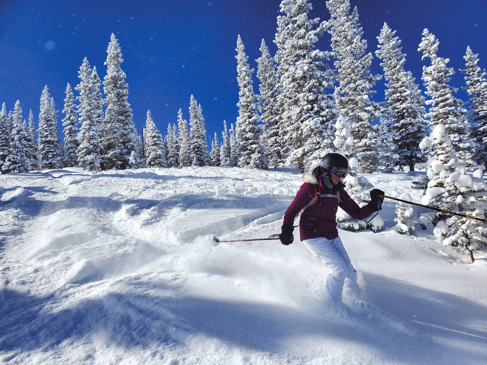 person skiing down a hill with snow-covered trees behind them
